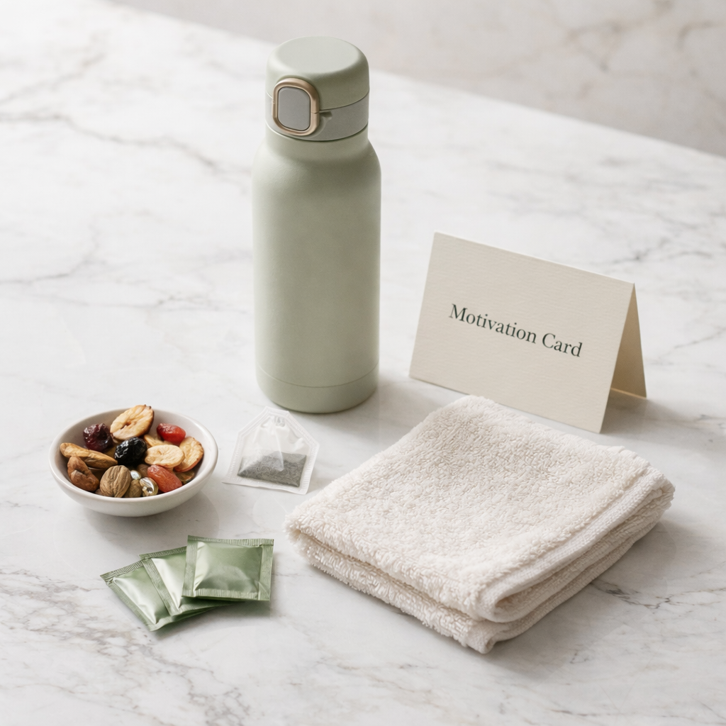 Freshness Kit - Insulated Water Bottle | Premium Dry Fruits | Green Tea Sachets | Soft Cotton Face Towel | Motivation Card