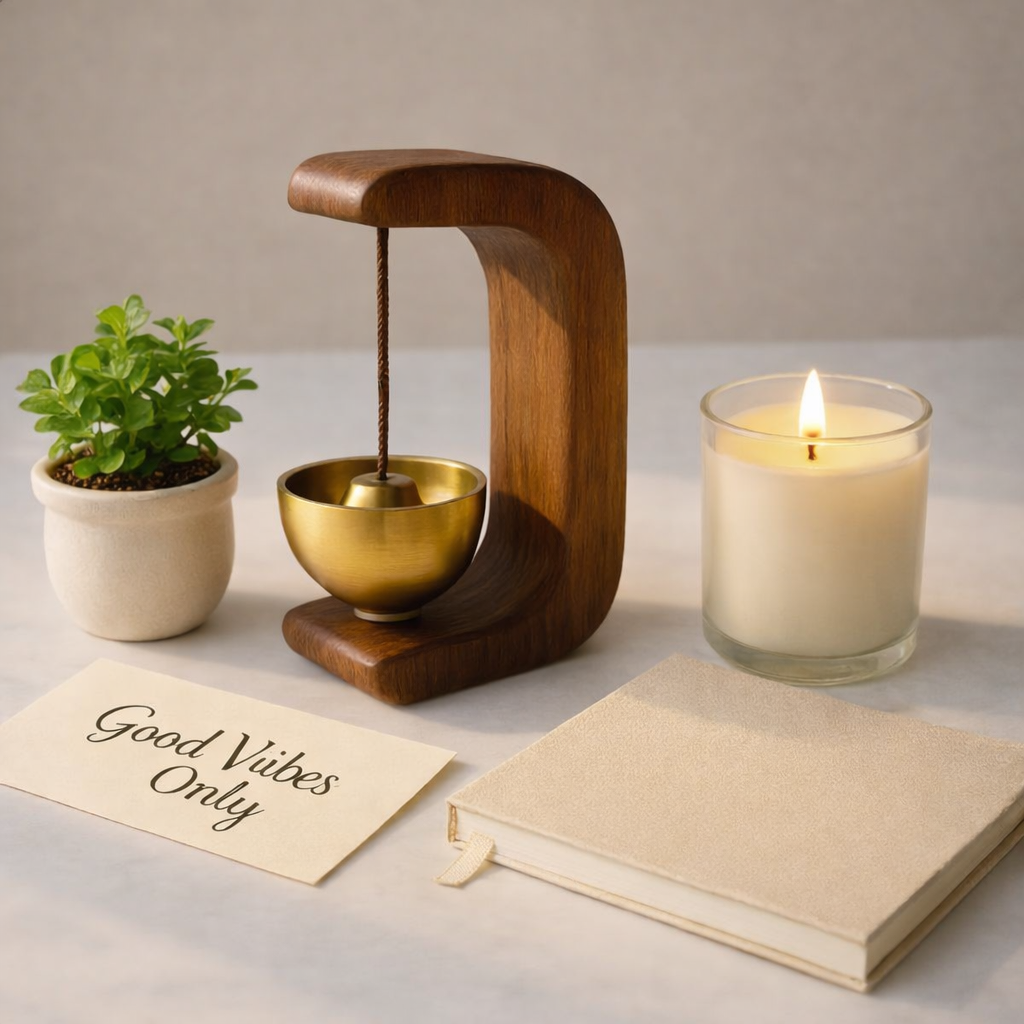 Positive Vibes Kit - Wooden Desk Bell | Indoor Desk Plant | Aromatic Scented Candle | Affirmation Card | Premium Notebook