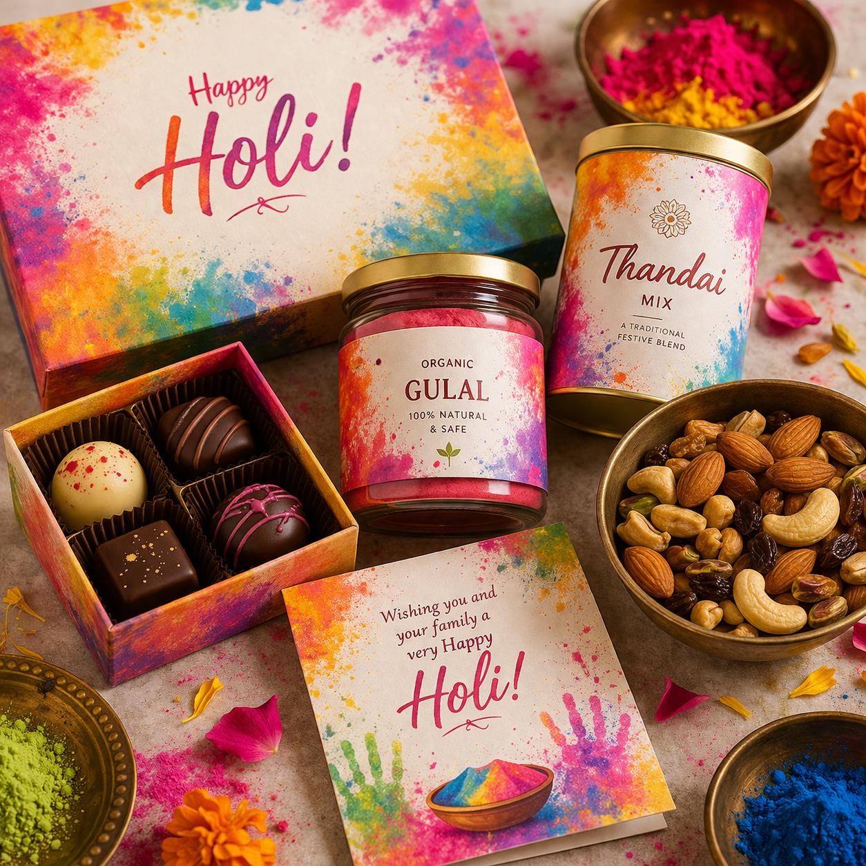 Holi Celebration Kit - Organic Gulal | Thandai Mix | Premium Dry Fruits | Premium Chocolates | Festive Card