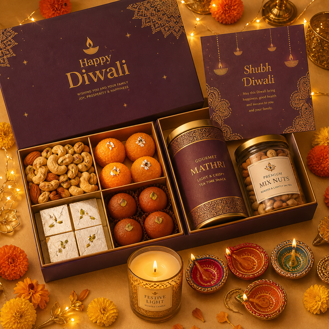 Diwali Delight Kit - Premium Sweets | Gourmet Snacks | Diya Set | Scented Candle | Festive Card