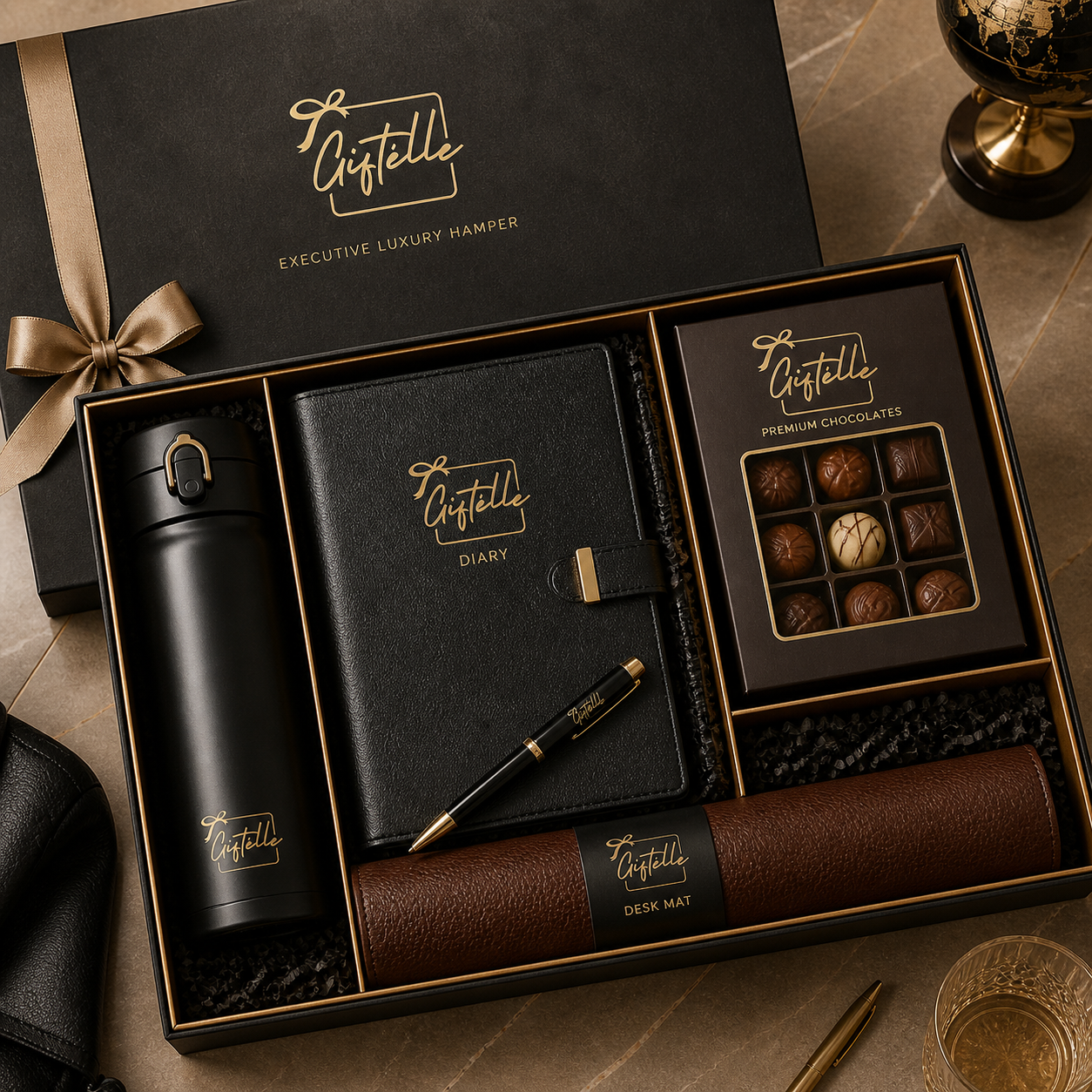 Executive Luxury Hamper - Premium Diary | Metal Pen | Insulated Bottle | Leather Desk Mat | Premium Chocolates