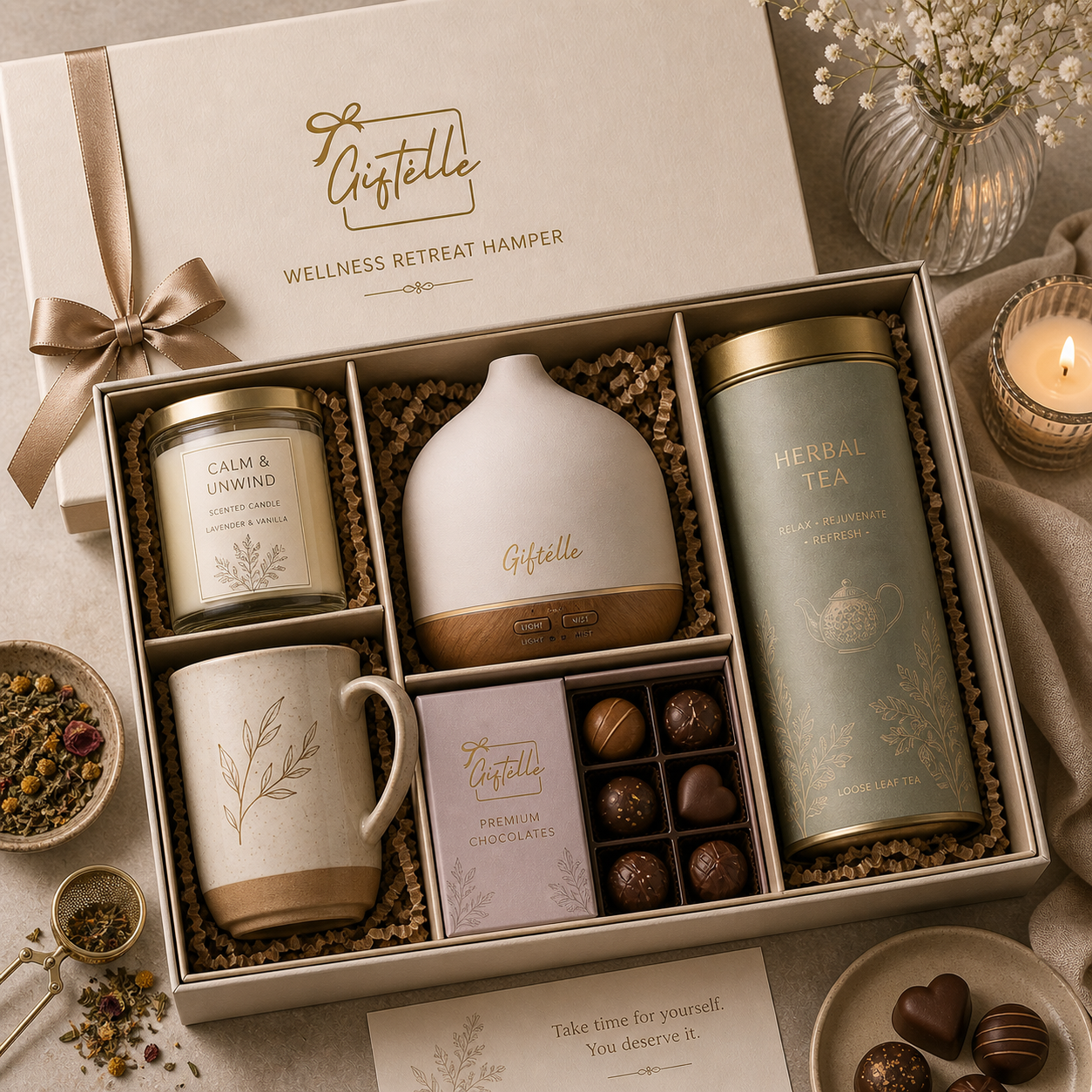 Wellness Retreat Hamper - Scented Candle | Aroma Diffuser | Herbal Tea | Premium Mug | Premium Chocolates