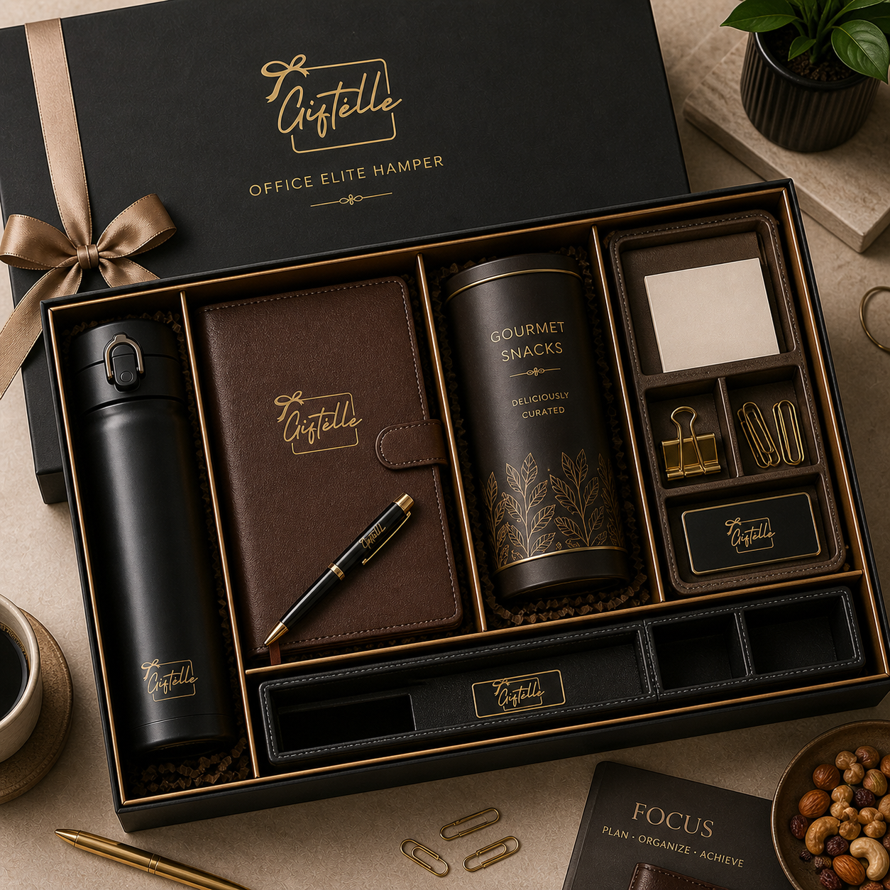 Office Elite Hamper - Leather Notebook | Premium Pen | Organizer Tray | Insulated Bottle | Gourmet Snacks