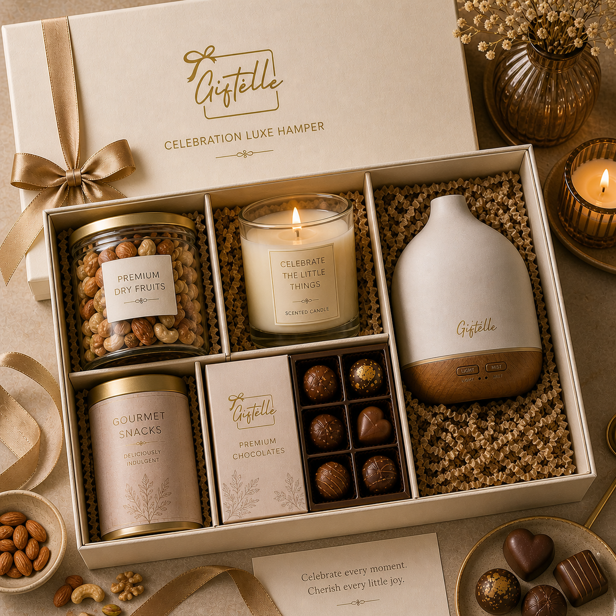 Celebration Luxe Hamper - Premium Dry Fruits | Gourmet Snacks | Scented Candle | Aroma Diffuser | Premium Chocolates
