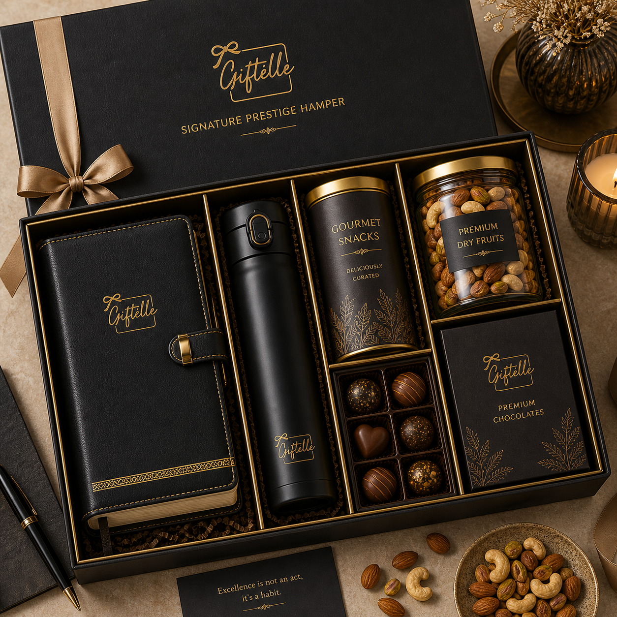 Signature Prestige Hamper - Leather Notebook | Premium Bottle | Gourmet Snacks | Premium Chocolates | Premium Dry Fruits