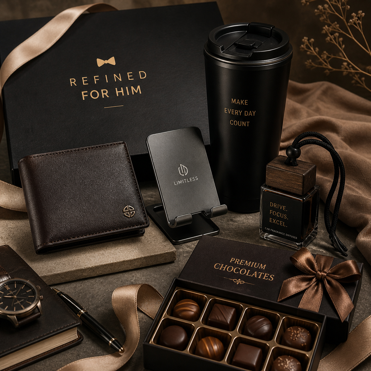 Refined for Him - Premium Wallet | Travel Mug | Metal Mobile Stand | Car Fragrance Diffuser | Premium Chocolates