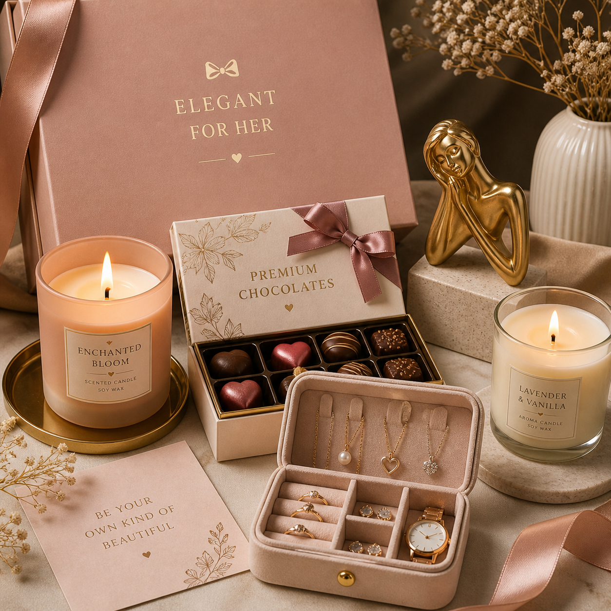 Elegant for Her - Scented Candle | Premium Chocolates | Room Decor Piece | Jewelry Organizer | Aroma Candle