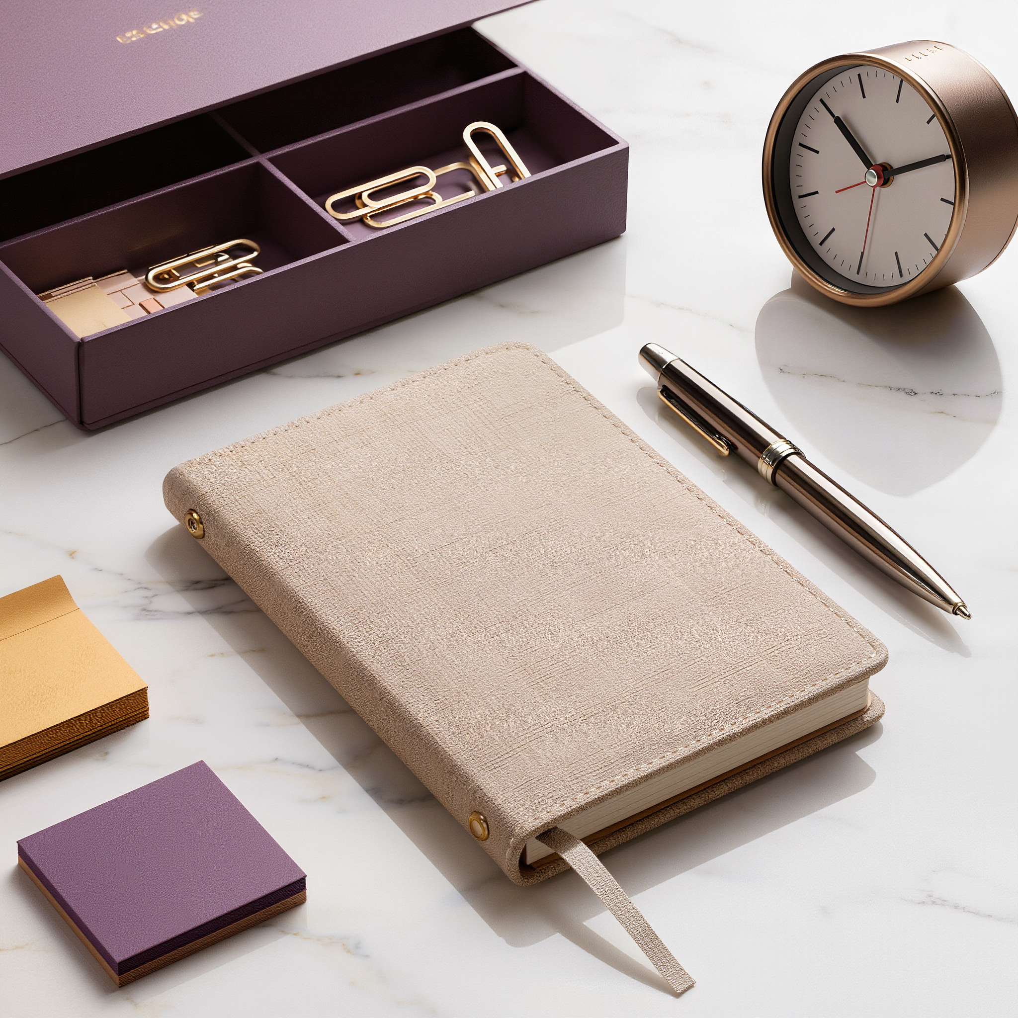 Productivity Kit - Premium Planner | Premium Metal Pen | Desk Organizer Tray | Sticky Notes Pad | Minimal Desk Clock