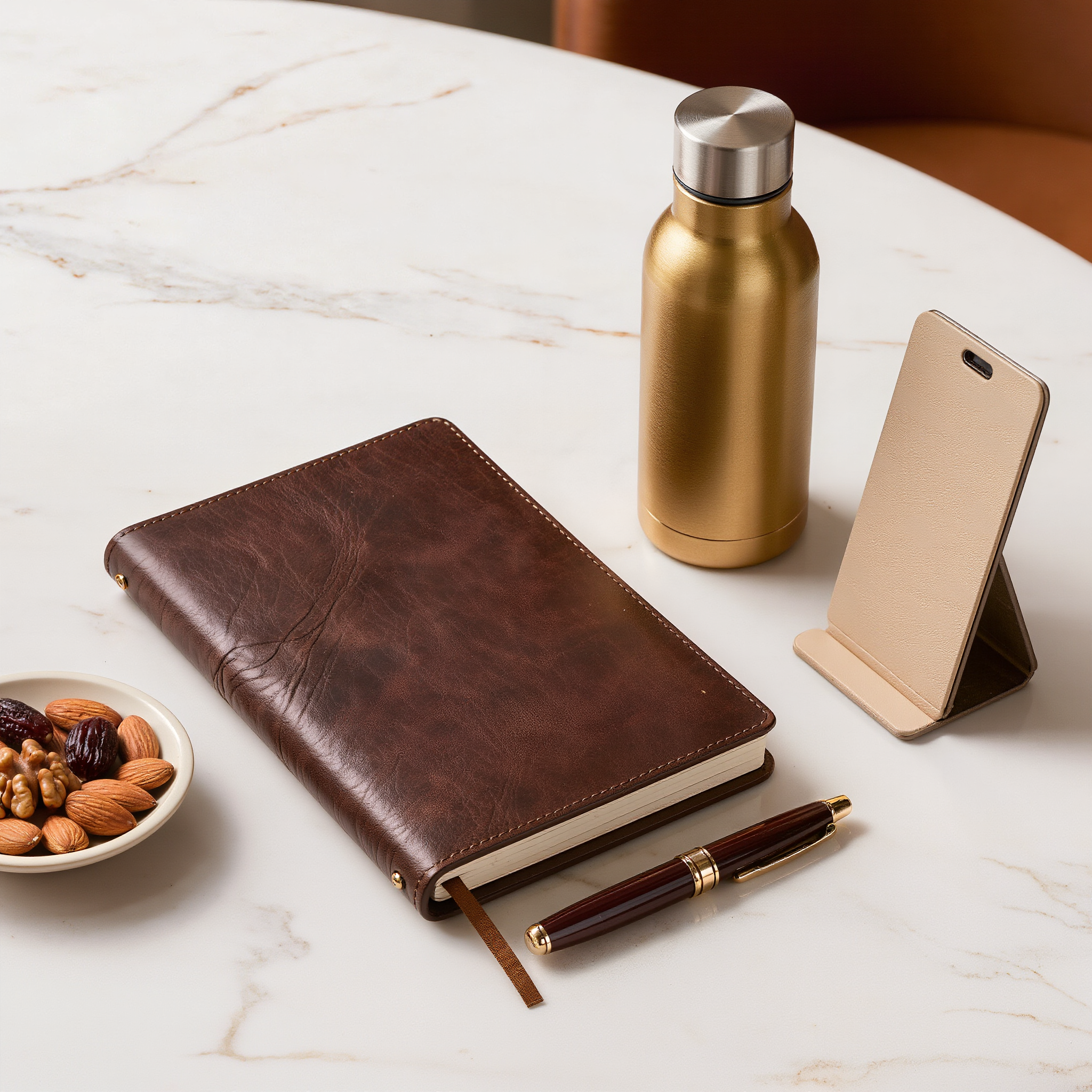 Executive Client Kit - Leather Notebook | Premium Metal Pen | Insulated Water Bottle | Premium Mobile Stand | Premium Dry Fruits